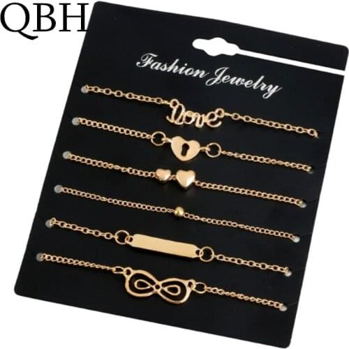 L005 6 pcs/sets Minimalist Women Bracelet Set Crystal Infinity 8 Bowknot Heart Key Charm Chain Bracelets & Bangles Party Jewelry
