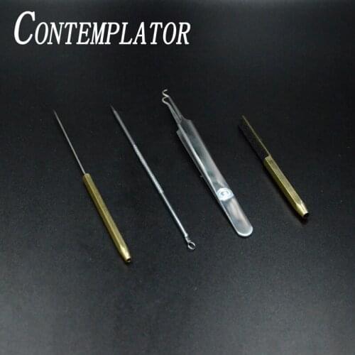 CONTEMPLATOR 4pcs fly tying dubbing tools combo bodkin/needle/hook tweezer/flat dubbing teaser hackle feather/fiber kits suit