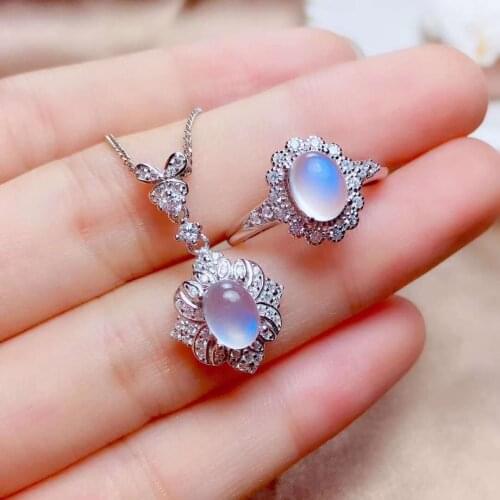 Real Natural Moonstone jewelry set Natural Real Moonstone 925 sterling silver 1pc pendant,1pc ring