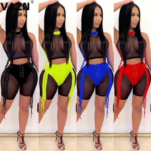 VAZN 2020 Summer New Arrival Novelty Sexy Club Young Patchwork Top Cross Bandage Knee Length Slim Women 2 Piece Set
