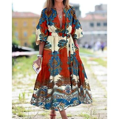 Autumn V-Neck Loose Dress Women Half Sleeve Floral Print Woman Dress Plus Size Fashion Beach Dresses Sashes Vestido Feminino