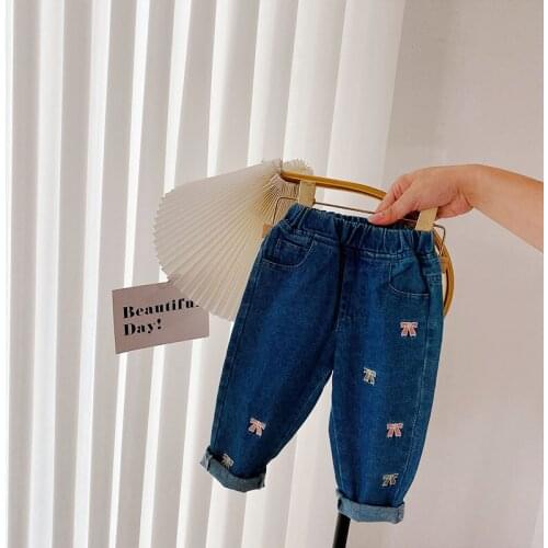 Autumn Children‘S Embroidery Bowknot Denim Jeans High Waist Pencil Pants Girls Kids Straight Casual Full Length Trousers