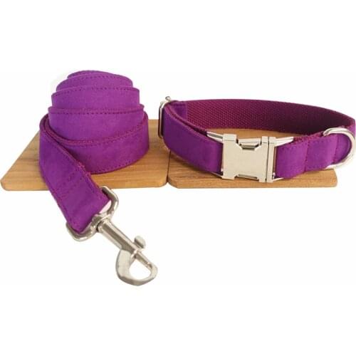 Customized Dog Collar Engraved Puppy ID Tag Leash Collar Set Adjustable Outdoor Solid Canvas Pet Collar Leash THE CANDY PURPLE
