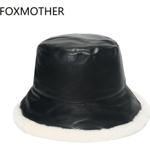 FOXMOTHER New Winter Black Army Green Plain Color Faux Fur Thick Warm Lady Faux Leather Bucket Hat Women Panama Caps Present