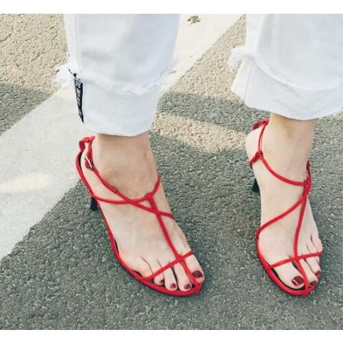 Hot Summer Woman Red Black White Solid Color 8 cm Heel PU Cheap High Quality High Heel Chic Ribbon Sandals Stiletto Heels Lady