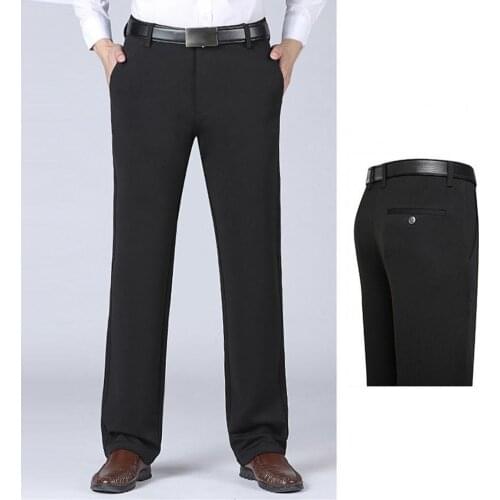 Dropshipping!! Men Pants Solid Color Stretchy Spring Autumn Mid Waist Straight Loose Trousers for Business