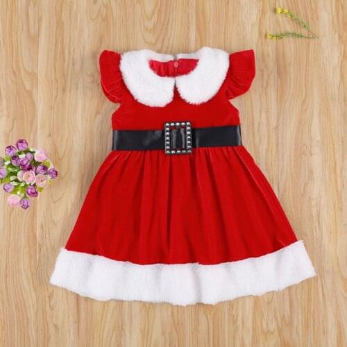 2021 New Baby Girl Christmas Dress High-Waist Midi Princess Fly Sleeve Plush Lapel Collar and Hem Winter Warm Dress for 0-5Y