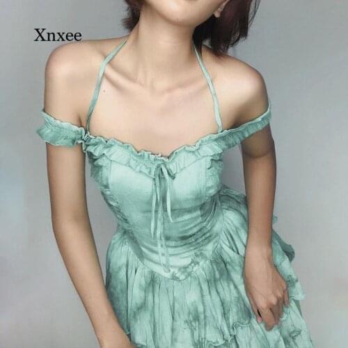 Women Slash Neck Mini Dresses Halter Sexy Pleated Vintage Cute Bubble Princess Cupcake Dress Summer Ruffle Fairy Y2K Clothes