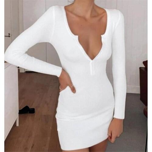 Women Autumn Fashion Casual Dress Vintage Elegant Dresses Long Sleeve Design Button V Neck Slim Sexy Mini Dress Knitted Bodycon