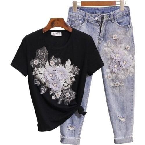 Summer Fashion Women Embroidery 3D Flower t-shirts Jeans Two Pieces Set Casual Hole Denim Pants Suit Clothing
