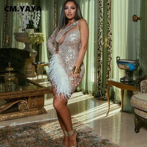 CM.YAYA Women Autumn Sequins Mesh Patchwrok Irregular Feather Dress One Shoulder Bodycon Midi Dresses Night Club Party Vestidos