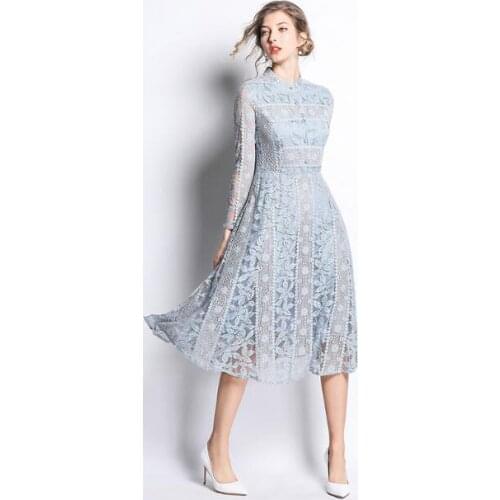 Womens spring summer vintage solid lace print dress ladys slim chic lace dress TB941