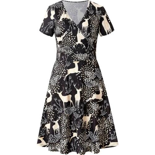 40# Vintage Deer Print Prom Dress Christmas Short Sleeve V Neck Women Dress Loose Elegant Pleated Big Swing Party Maxi Dress