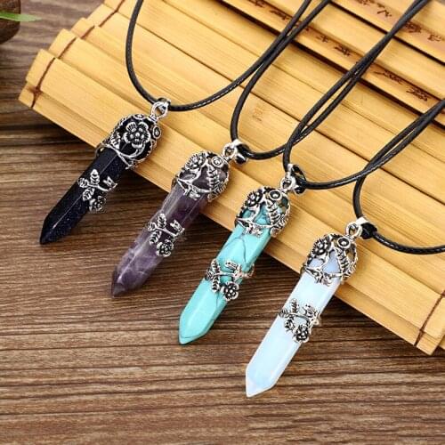1PC Natural Stone Hexagonal Column Pendant Silvers Head Ornament Charm Crystal Pendant For Jewelry Making DIY Necklace Accessory