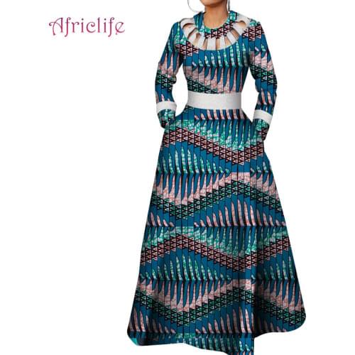 Hot Sell African Dresses for Women O-Collar Dashiki Design Dress One Pcs African Lady Fashion Printed Long Sleeve Skirt WY4428