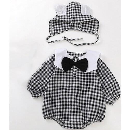 Baby Boy Girl Bodysuit Long sleeve Spring New Cute Newborn Boy Girl Clothes Korean Cotton Plaid Jumpsuit +Hat Toddler Outfits