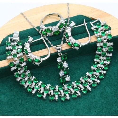 Green Zircon Silver Color Bride Jewelry Set for Women Wedding Bracelet Earrings Necklace Pendant Ring Birthday Christmas Gift