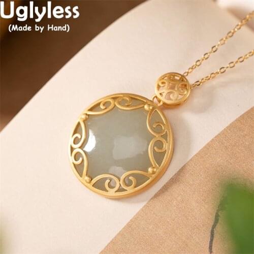 Uglyless Ethnic Vines Pendants Necklaces for Women Natural Jade Nephrite Medals Necklaces Hollow Gold Jewelry 925 Silver + Chain
