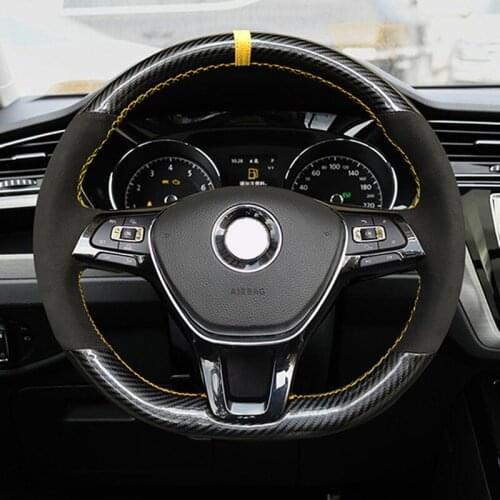 Carbon Fiber & Suede Leather Yellow Thread Steering Wheel Hand Sewing Wrap Cover Fit For Volkswagen Golf 7 Mk7 Passat B8