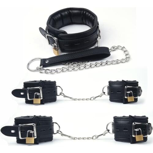 Black Leather Sponge Handcuffs For Sex Ankle Cuffs Bondage With Chain Lock Restraints Sex Toys for Adult Games Bdsm Bondage Set