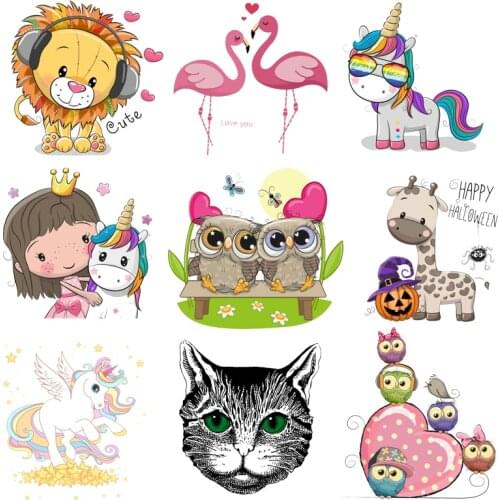 Iron on Transfer Unicorn Flamingo Owl Patches for Kids Clothing DIY T-shirt Applique Heat Transfer Vinyl Stickers Thermal Press