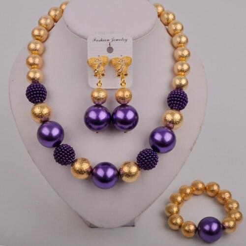 Purple Africcan Beads Jewelry Set Nigerian Wedding Pearl Necklace Earrings Sets for Women
