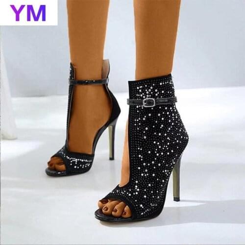 Gladiator New Women Crystal Sandals Ankle Straps Buckle Transparent Cover Heel Pumps Ladies Sandals Party Shoes Size 35-43