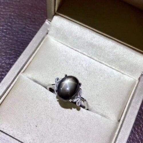 Natural Starlight black sapphire gem Ring Natural gemstone ring S925 sterling silver trendy Elegant Leaves women party Jewelry