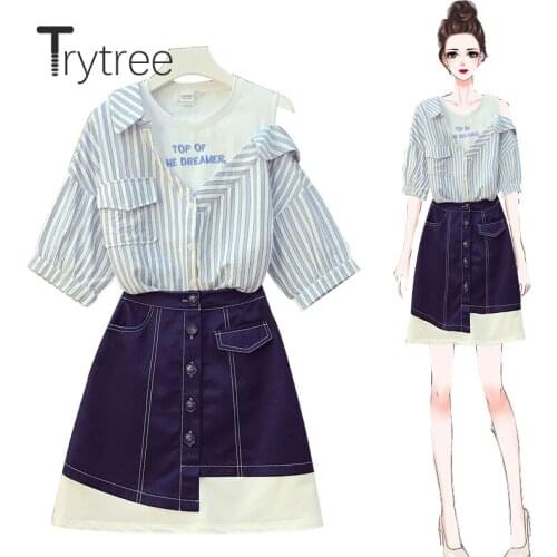 Trytree 2020 Spring Summer Women two piece set Casual O-neck Patchwork Stripe Loose Tops + Skirt Mini Fashion Set 2 piece set