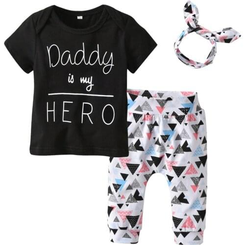 3PCS Baby Girls Clothes Set Daddy is my Hero Letter T-shirt+Geometric Pattern Print Pants+Headband Baby Toddler Outfits