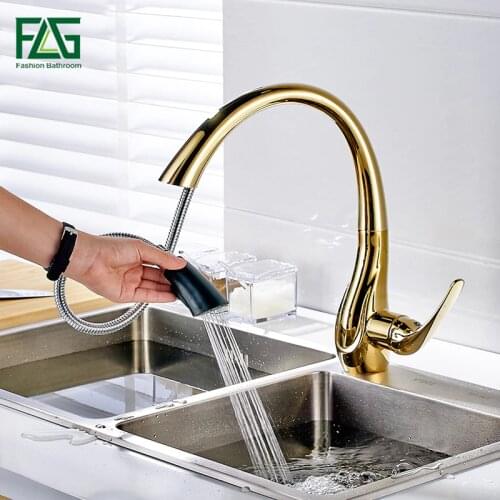 FLG Kitchen Faucet Pull Out Cold and hot Golden Kitchen Tap Single Handle 360 Degree Water Mixer Tap Torneira Cozinha 166-33G
