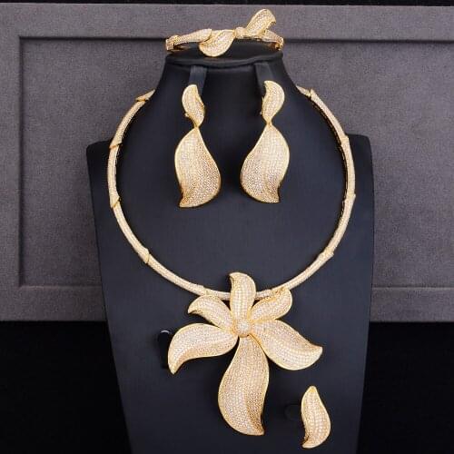 LARRAURI Charms Full Cubic Zircon Dubai Bridal Jewelry Luxury Big Flower African Necklace Earrings Women Wedding Jewelry Sets