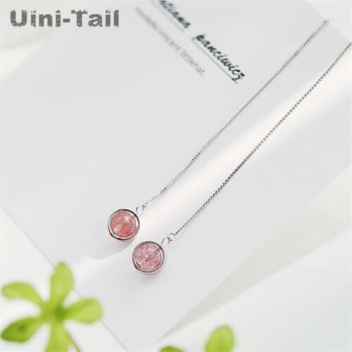 Uini-Tail hot new 925 sterling silver pink strawberry crystal long ear line fashion tide flow sweet sweet simple Korean allergy