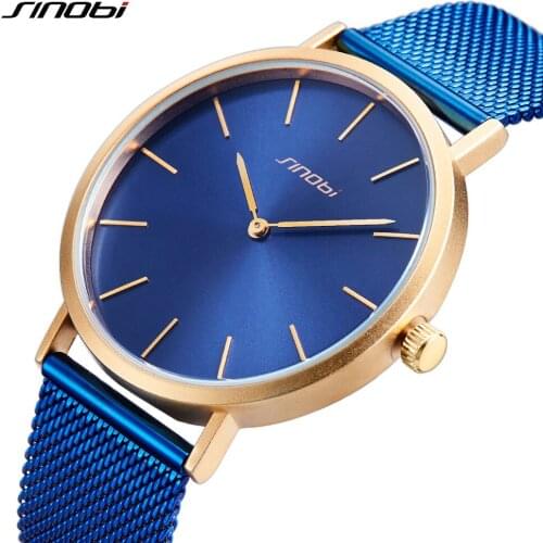 SINOBI 7.8mm Blue Ultra Thin Fashion Dial Quartz Wristwatches for Men Stainless Steel Black Relogio Masculino Erkek Kol Saati