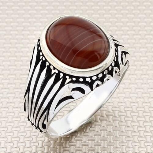 Oxidized Dished Round Red Agate Stone Men Silver Ring With Symmetrical Motif Made in Turkey Solid 925 Sterling Silver