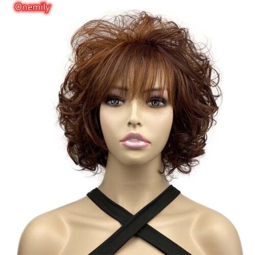 Onemily Heat Resistant Natural Short Curly Auburn Women Synthetic Wigs with Bangs