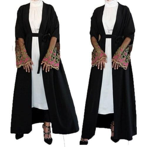 Dubai Open Cardigan Women Long Dress Ramadan Muslim Lace Embroidery Abaya Kaftan Robe Islamic Long Sleeve Maxi Dress Kimono Gown