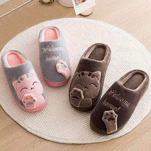 Unisex Winter Indoor Warm Home Slippers Couples Bedroom Cartoon Cat Non-slip Soft Bottom Women And Men Home Slippers