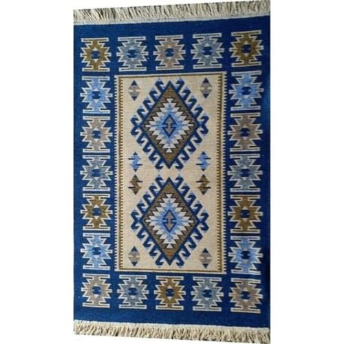Traditional Rug Carpet Cotton Linen Woven Double Sided Authentic Blue Carpet Living Room Bedside Balcony Hallway Decoration