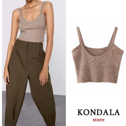 Vintage knitted sling camis women sexy khaki blend O-neck simple elastic female tops sling vest knitted soft short clothes top
