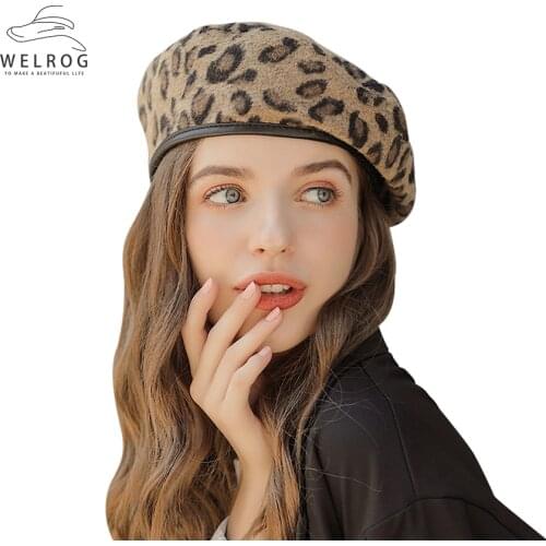 WELROG Womens Leopard Pattern Berets Fashion Suede Chic Leopard Painters Hats Autumn Winter Berets Flat Cap Retro Beret Hats