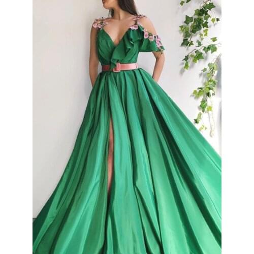Green Satin Flower Prom Dresses 2021 High Split Side Cold Shoulder Appliques Formal Evening Party Gowns with Belt Robe De Soiree