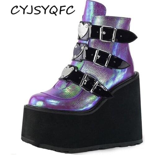 CYJSYQFC Metal Decoration Platform Women Ankle Boots Round Toe Buckle Strap Wedges High Heel Woman Shoes Punk Goth Demonia Boots