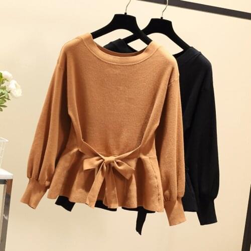Winter Fall Fashion Womens Ruffled Bow High Waisted Black Knitted Sweater Pullover , 3xl 4xl Pullovers and Sweaters for Women