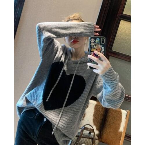IHOBBY Love Heart Hooded Knitted Sweater Women Loose Style New Fashion Spring Korean Pullover Casual Knitwear