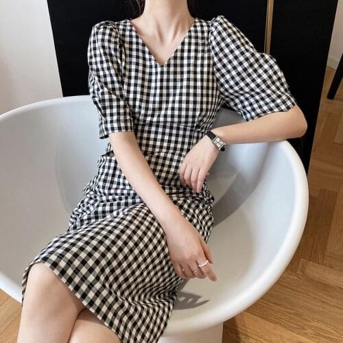Pullover Straight Plaid Dress For Women V Neck Puff Short Sleeve High Waist Hit Color Mid Dresses Female 2021 Clothing X198