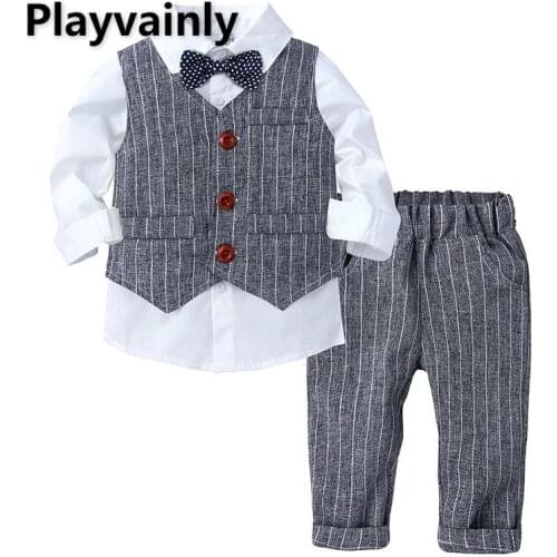 2021 Baby Boys Sets white long sleeve shirts+vest+Striped pants 3pcs Suit Boy Clothes E100248