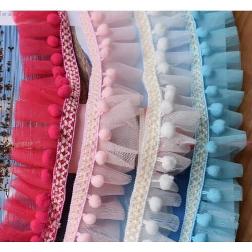 5Meters Pink/Blue Ball pom pom Lace and Mesh ruffle lace trim Pompom Ball Lace Ribbon Diy Sewing Accessories
