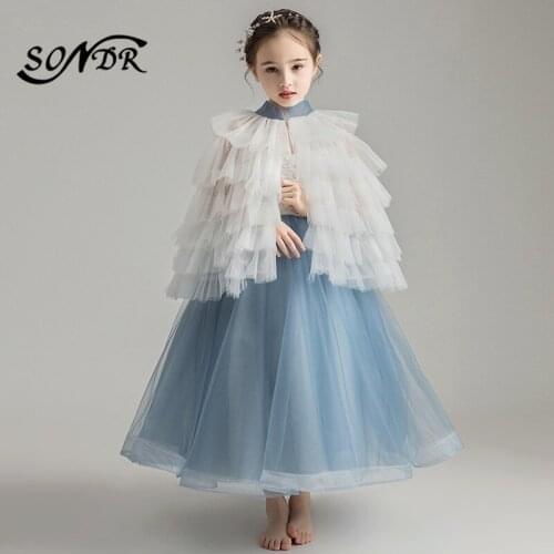 Flowers Girl Dresses for Weddings HT073 Elegant Blue Girls Dress with Shawl Kids First Holy Communion Dresses Girls Ball Gown