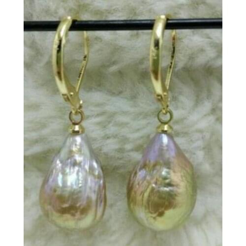 Free shipiing Huge AAA South Sea Natural Baroque Pearl Earrings 14K/20 YELLOW GOLD
